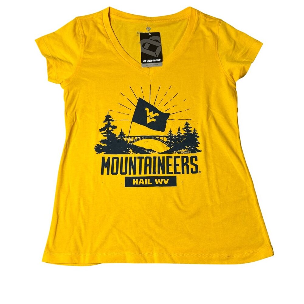 West Virginia Mountaineers Tee Womens S Yellow V Neck T Shirt‎ Short Sleeve NEW